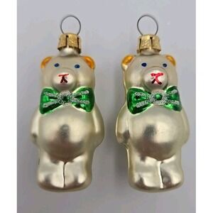 Vintage Blown Glass Teddy‎ Bear Green Bow Tie Mini Christmas Ornament 2¼"